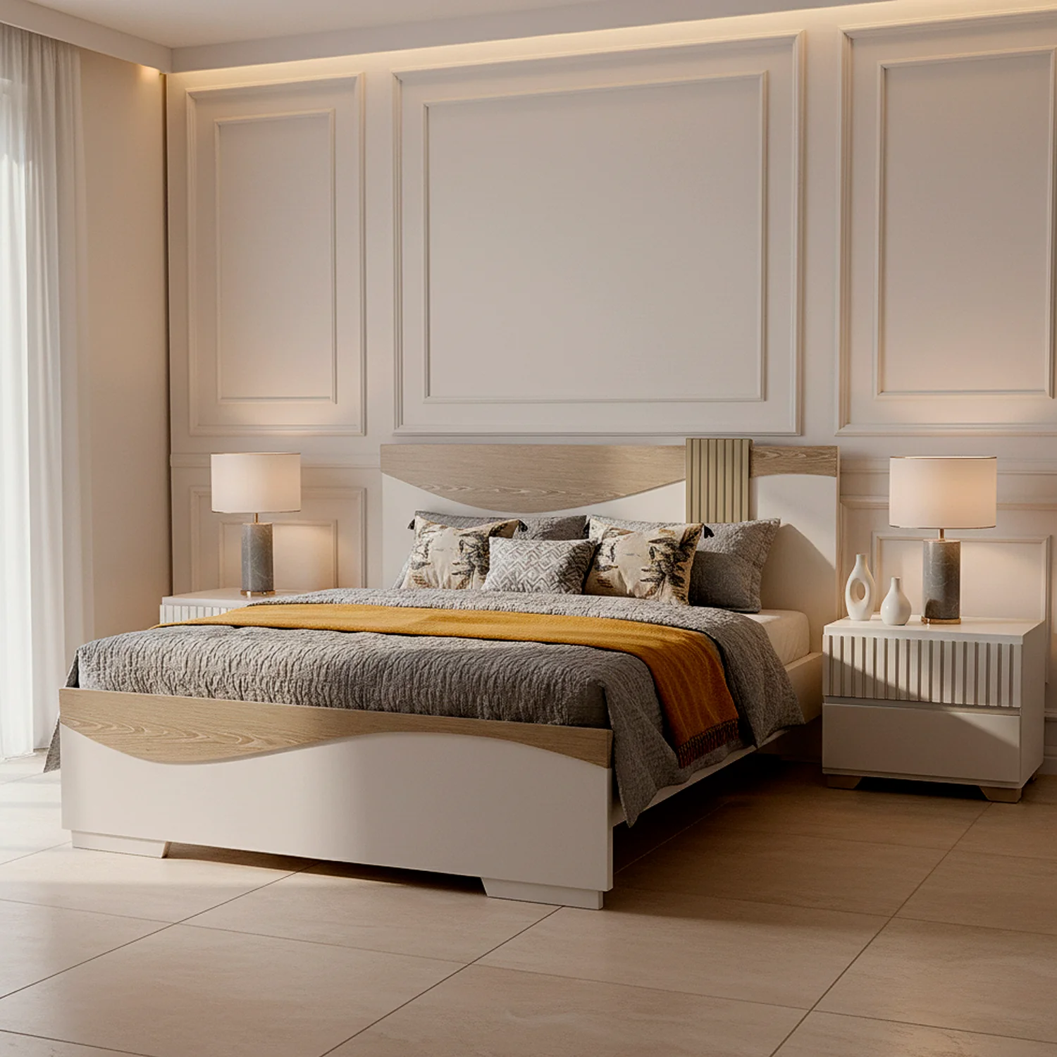 Cama Semi Doble Keneth Off White, Champaña - Image 2