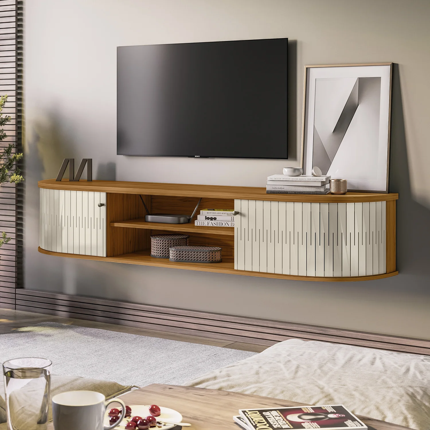 Mueble De Tv Flotante Porto 183 Natural, Off White - Image 2